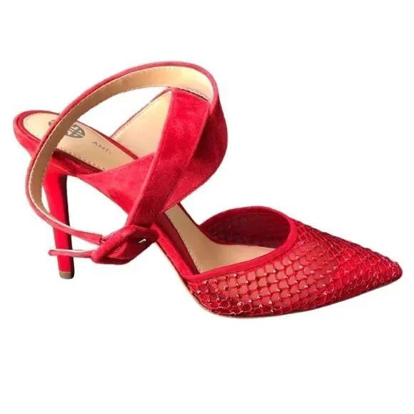 NWT Antonio Melani Red Mesh Sparkle Pointy Front Suede Ankle Strap High Heels - Picture 2 of 7